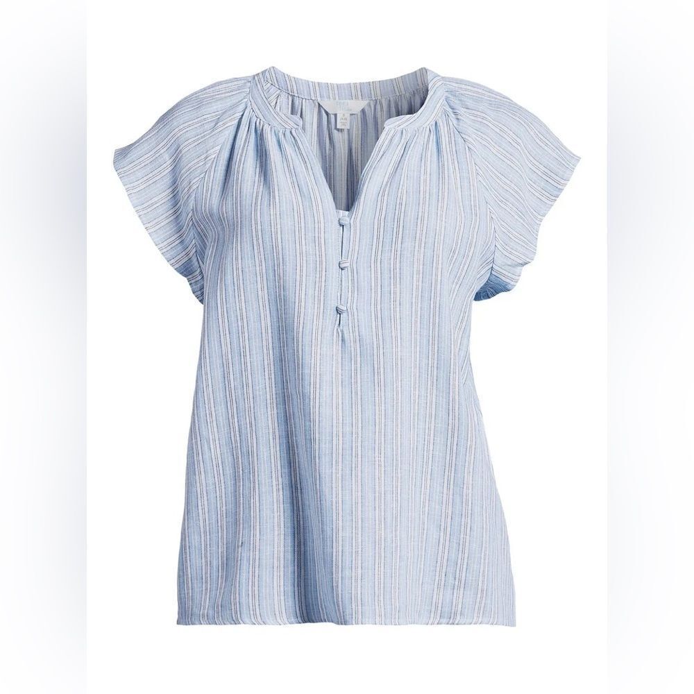 Time and Tru blue flutter sleeve Linen Striped boho coastal Beachy top blouse XL